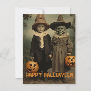 Retro-Halloween-Gruselkinder mit ausgehöhlten Kürb Postkarte