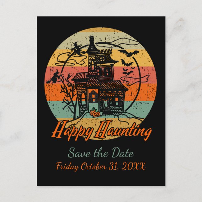 Retro Halloween Happy Haunting Spuk House Ankündigungspostkarte (Vorderseite)