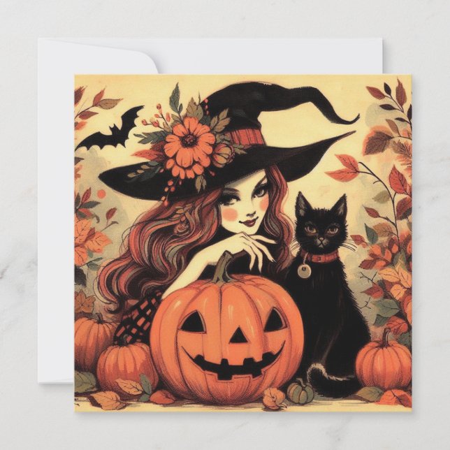 Retro Halloween Hexe mit katzenloser Grußkarte Karte (Vorderseite)