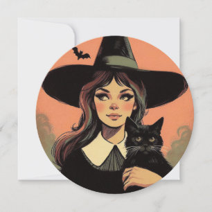 Retro Halloween Hexe mit schwarzer Katze Karte