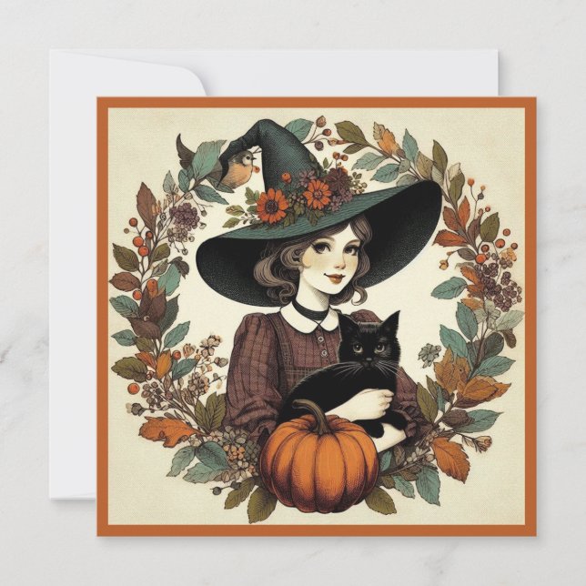 Retro Halloween Hexe mit Schwarzer Katze und Kürbi Karte (Vorderseite)