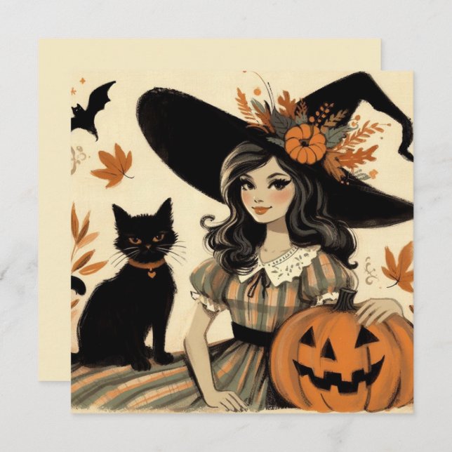 Retro Halloween Hexe und Black Cat Niedlich Karte (Vorne/Hinten)