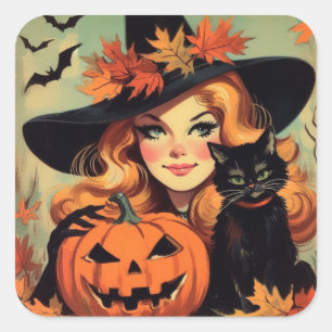 Retro Halloween Hexe und Black Cat Spooky Quadratischer Aufkleber