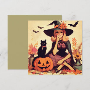 Retro-Halloween-Hexe und schwarze flache Grußkarte Karte