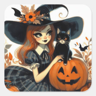 Retro-Halloween-Hexe und schwarze Katze Gruselig Quadratischer Aufkleber