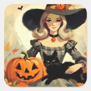 Retro-Halloween-Hexe und schwarze Katze Gruselig Quadratischer Aufkleber