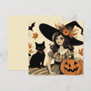 Retro-Halloween-Hexe und süße schwarze Katze Karte