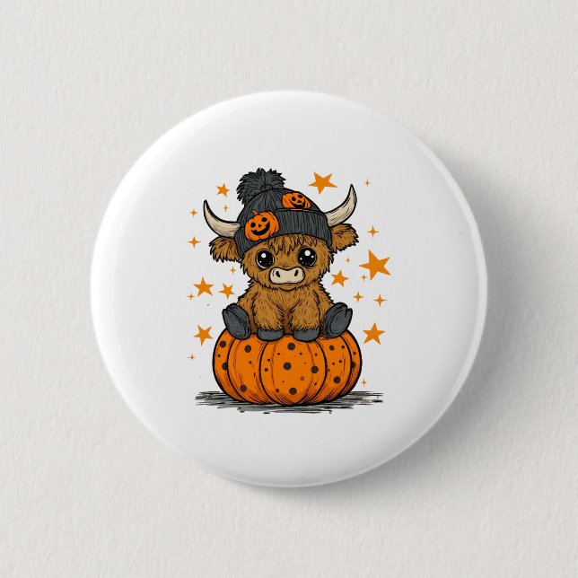 Retro Halloween Highland Cow Button (Vorderseite)
