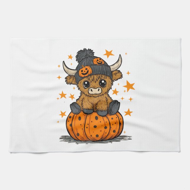 Retro Halloween Highland Cow Geschirrtuch (Horizontal)
