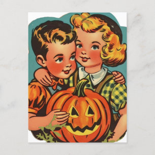 Retro-Halloween-Junge und -Mädchen mit Jack-o-Lant Postkarte