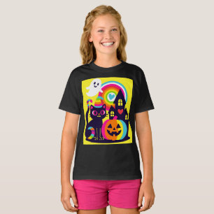 Retro Halloween Kawaii Black Cat, Pumpkin Design T-Shirt