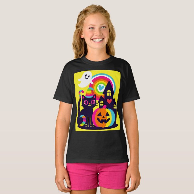 Retro Halloween Kawaii Black Cat, Pumpkin Design T-Shirt (Vorne ganz)