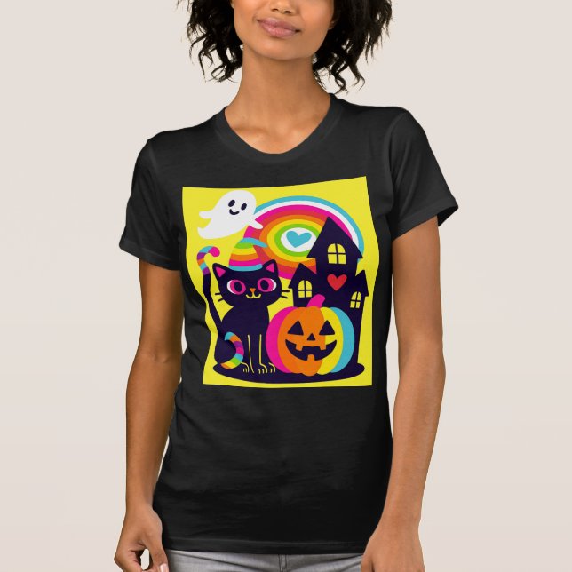 Retro Halloween Kawaii Black Cat, Pumpkin Design T-Shirt (Vorderseite)
