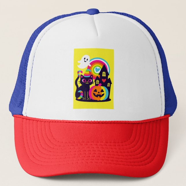 Retro Halloween Kawaii Black Cat, Pumpkin Design Truckerkappe (Vorderseite)
