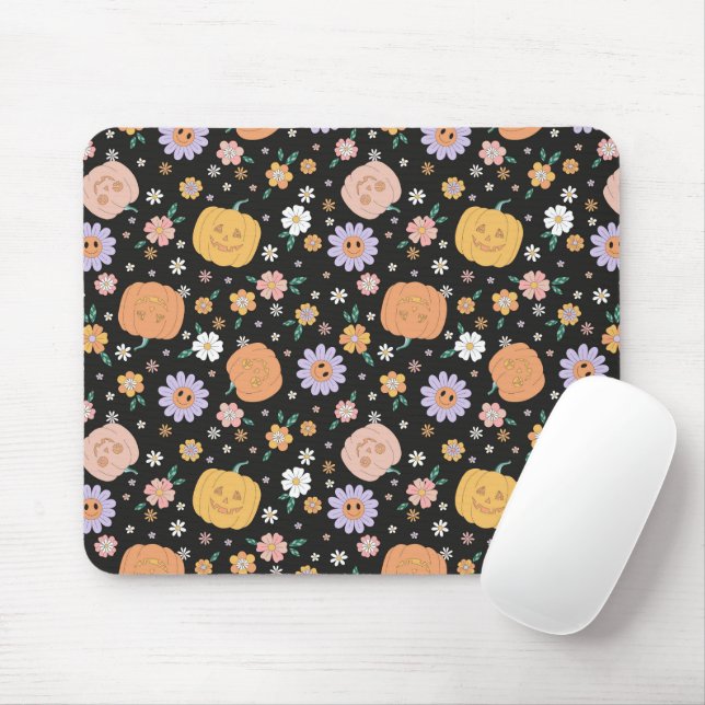 Retro-Halloween-Kürbisse und Blumenmuster Mousepad (Mit Mouse)