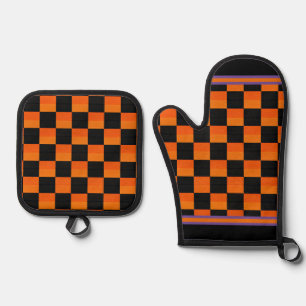 Retro Halloween Orange und Black Karo Ofenhandschuh & Topflappen-Set