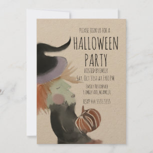 Retro-Halloween-Party-Watercolor-Hexe-Kürbis Einladung