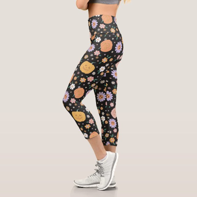 Retro Halloween Pumpkins und Blume Muster Capri Leggings (Links)