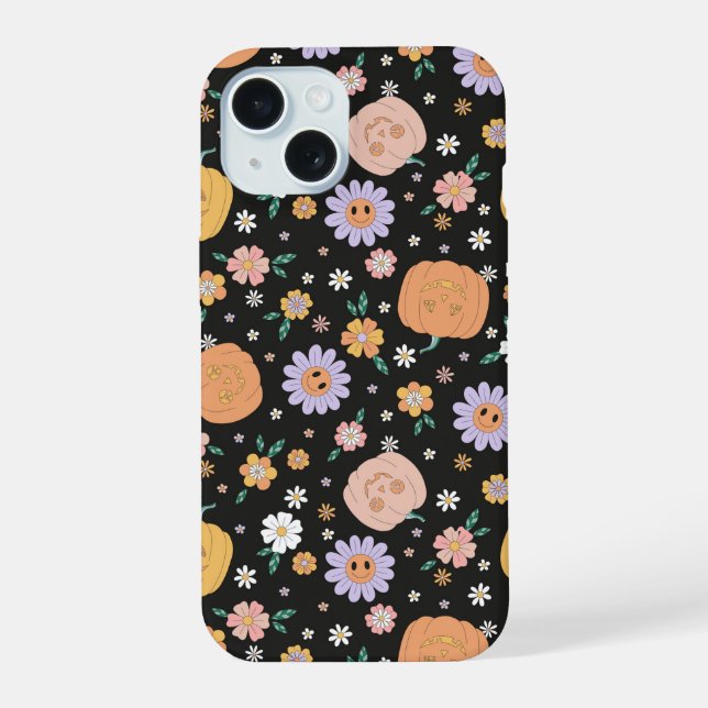 Retro Halloween Pumpkins und Blume Muster iPhone 15 Hülle (Rückseite)
