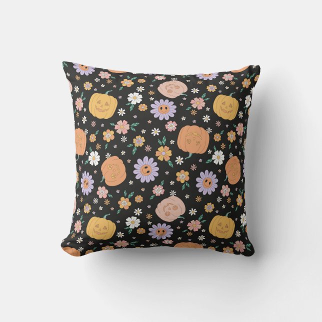 Retro Halloween Pumpkins und Blume Muster Kissen (Vorderseite)