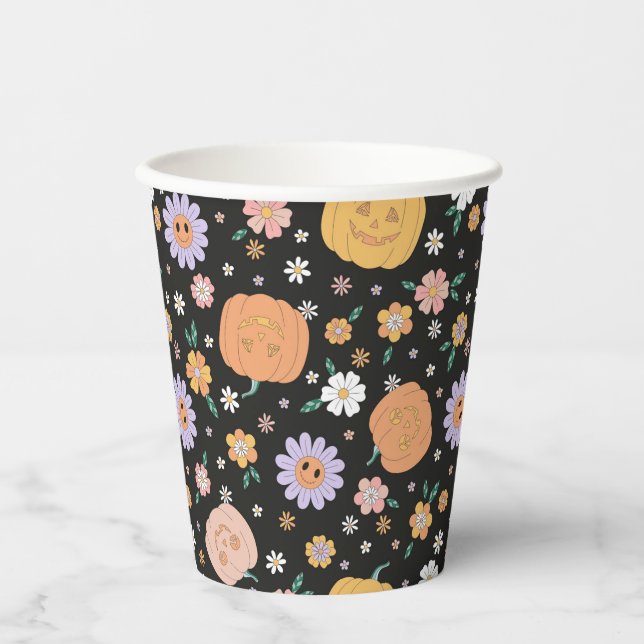 Retro Halloween Pumpkins und Blume Muster Pappbecher (Vorderseite)