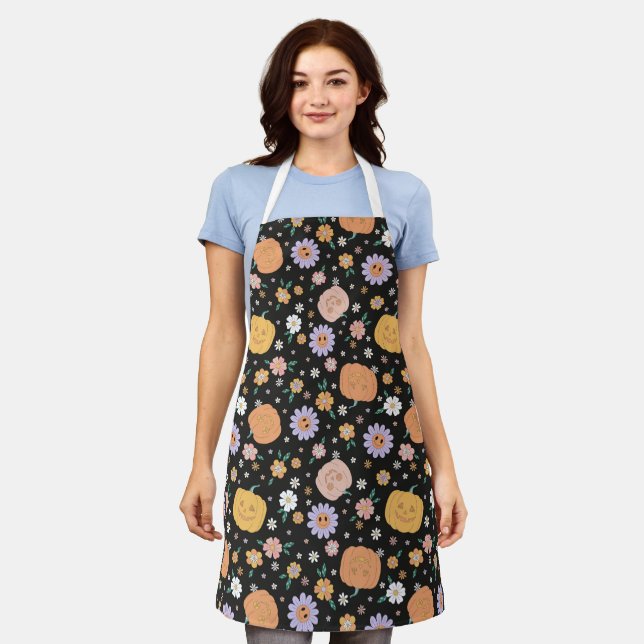 Retro Halloween Pumpkins und Blume Muster Schürze (Getragen)