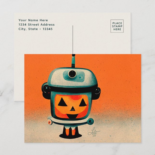 Retro Halloween Robot 002 ・ Niedliche Kinderkunst Postkarte (Vorne/Hinten)