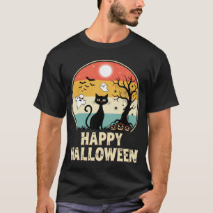Retro Halloween schwarze Katze Geist Mond T-Shirt