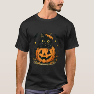 Retro-Halloween-Schwarze Katze im Kürbis-Grusel-Sa T-Shirt