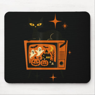 Retro Halloween schwarze Katze TV Geist Kürbis Vin Mousepad