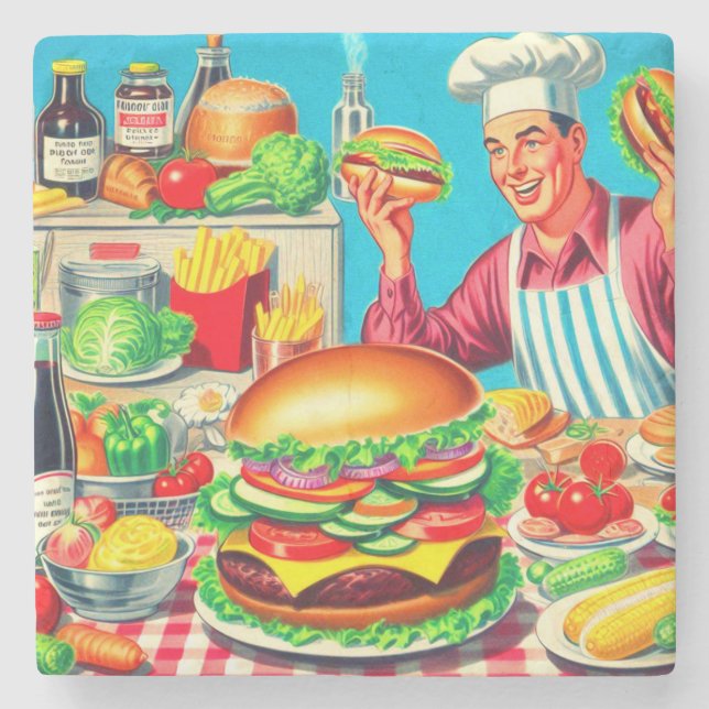 Retro Hamburger Comic Illustration Steinuntersetzer (Vorderseite)