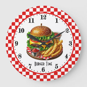 Retro-Hamburger-Pommes Frites 50er-Diner Große Wanduhr