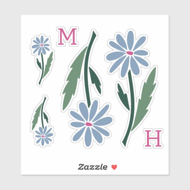 Retro Hand Drawn Blue Flowers Pink Monogram Aufkleber (Blatt)