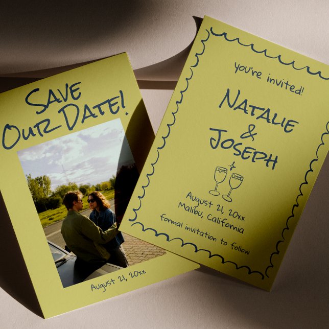 Retro Hand Drawn Blue Green Funky Foto Wedding Save The Date (Von Creator hochgeladen)