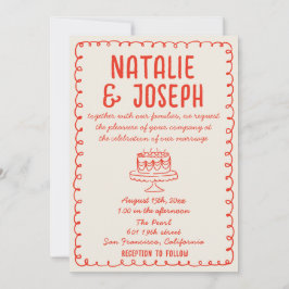 Retro Hand Drawn Cake Funky Quirky Unique Wedding Einladung