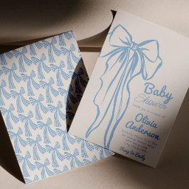 Retro Hand Drawn Dusty Blue Bow Boy Baby Dusche Einladung