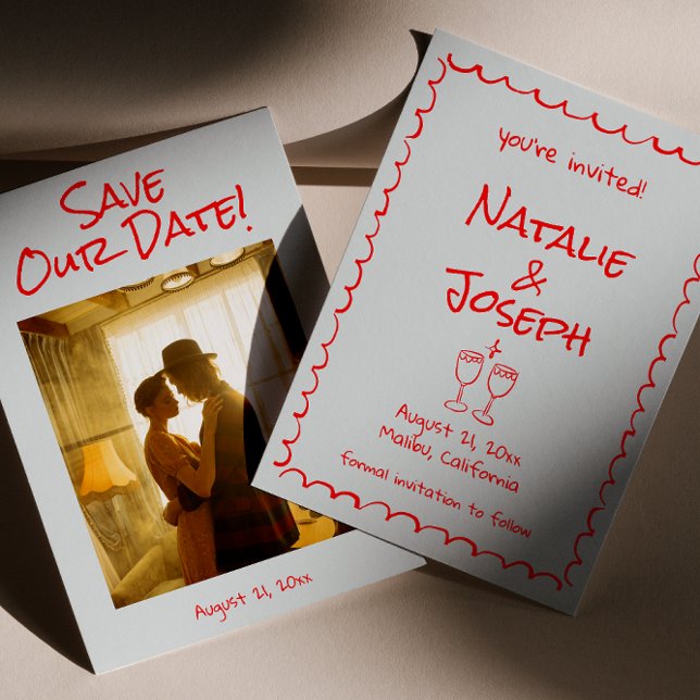 Retro Hand Drawn geschrieben Rot-Quirky-Foto Hochz Save The Date (Von Creator hochgeladen)