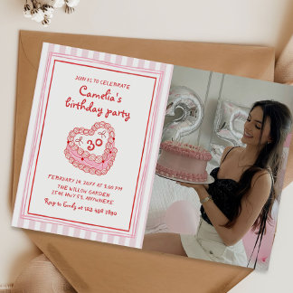 Retro Hand Drawn Girl 30th Birthday Party Photo Einladung