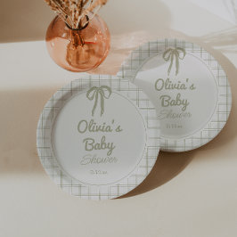 Retro Hand Drawn Green Bow Gingham Baby Shower  Pappteller