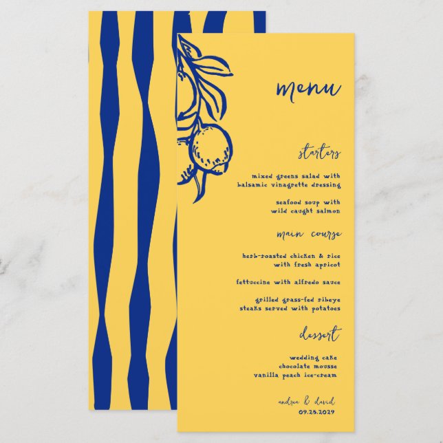 Retro Hand Drawn Handwritten Blue Italian Wedding Menükarte (Vorne/Hinten)