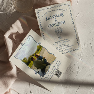 Retro Hand Drawn Navy QR Code Foto Hochzeit Einladung