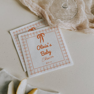Retro Hand Drawn Orang Bow Gingham Baby Shower Serviette
