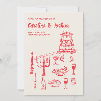 Retro Hand Drawn Red Quirky Cake Modern Wedding Einladung