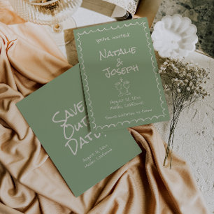 Retro Hand Drawn schrieb Green Funky Boho Wedding Save The Date
