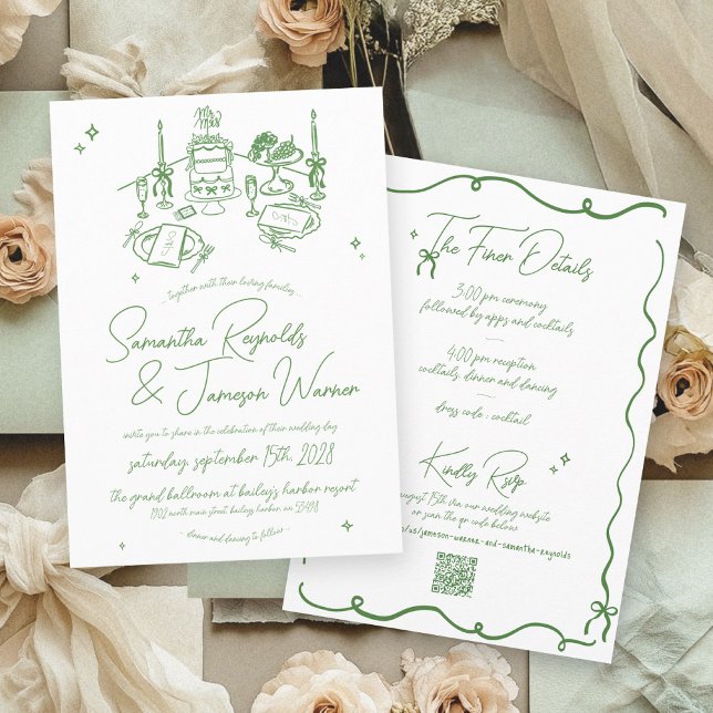 Retro Hand Drawn Scribble Green & White Wedding Einladung (Retro sage green and white hand drawn illustration bows handwritten whimsical wedding invitation)