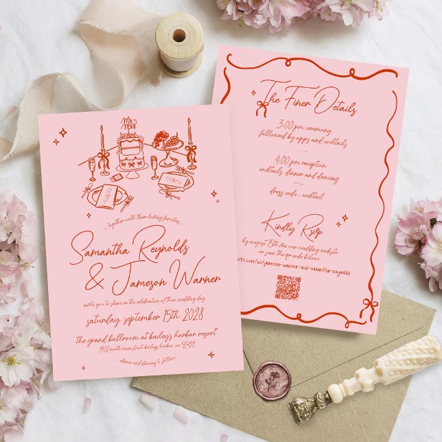 Retro Hand Drawn Scribble Pink & Red Funky Wedding Einladung (Unique pink and red retro modern funky whimsical modern elegant hand drawn qr code wedding invite)