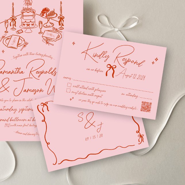 Retro Hand Drawn Scribble Pink & Red Wedding RSVP Karte (Minimalist retro pink and red hand drawn bow scribble doodle qr code wedding invitation rsvp card)
