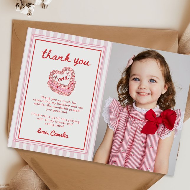 Retro Hand Drawn Valentine First Birthday Photo Dankeskarte (Von Creator hochgeladen)