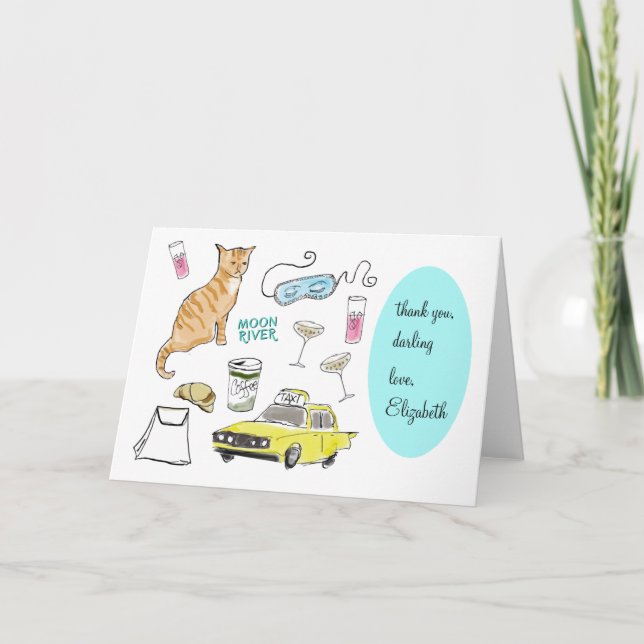 Retro Hand Gezeichnet Frühstück bei Tiffanys Girly Dankeskarte (Vorderseite)