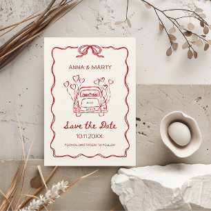 Retro Hand gezeichnet Red Unique Bow Wedding Car Save The Date